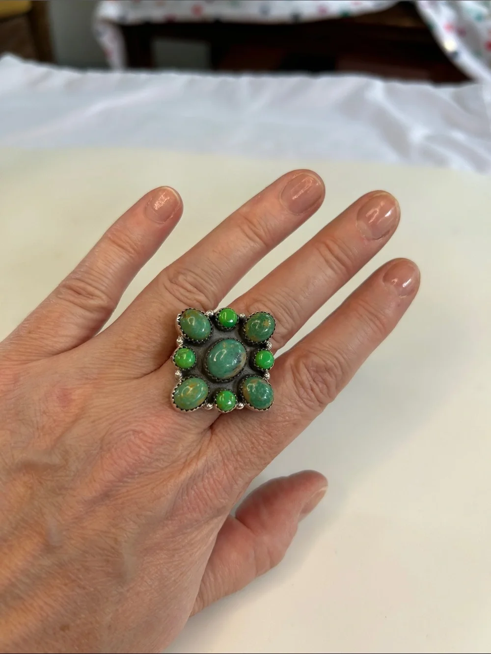Southwest Sterling Silver Green Apple Mojave & Blue Turquoise Statement Ring 13g